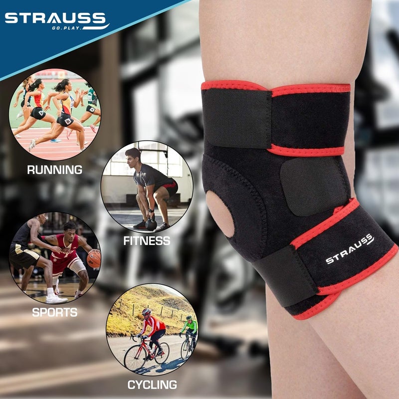 STRAUSS دعم الركبة القابل للتعديل | غطاء الركبة لآلام الركبة، تمارين الجيم، الجري، التهاب المفاصل، والحماية للرجال والنساء | دعامة الركبة | واقي الركبة | حزام الركبة | تخفيف آلام المفاصل | زوج، (مقاس مجاني، أسود/أحمر) - Image 4