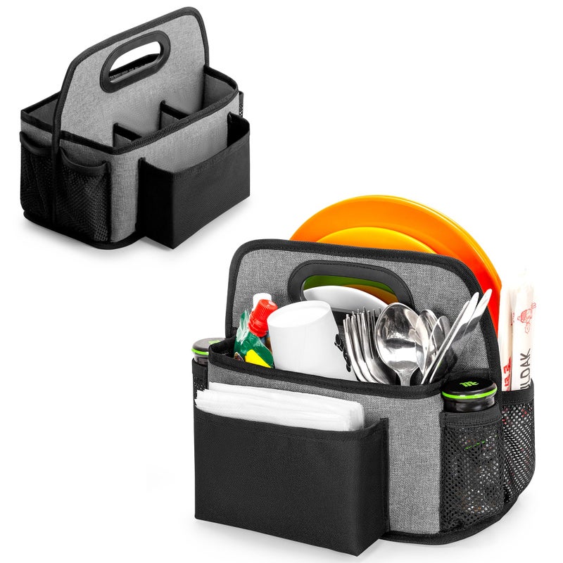 HODRANT Paper Plate Organizer, Disposable Utensil Holder with 4 Compartments for Cup Fork Spoon Napkin, Buffet Silverware Storage Caddy, Metal Cutlery Dispenser for Counter Party Picnic Flatware, Gray - Image 1