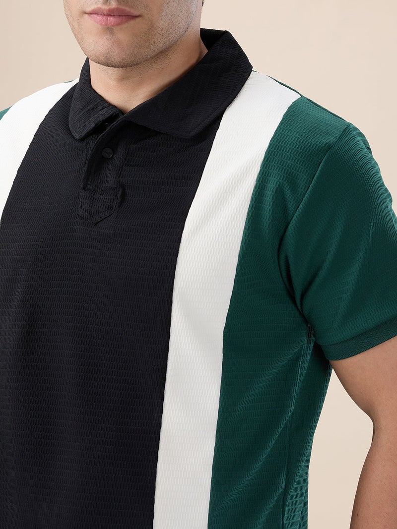 STATUS QUO Colorblock Textured  Regular Fit Black Polo T-shirt - Image 4