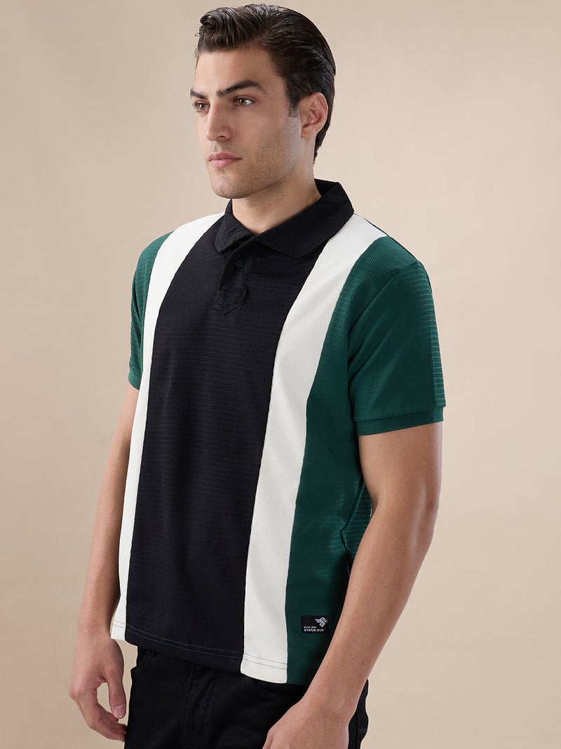 STATUS QUO Colorblock Textured  Regular Fit Black Polo T-shirt - Image 2