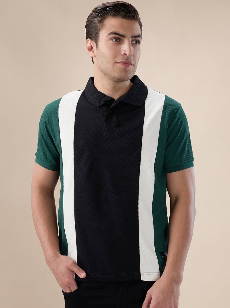 STATUS QUO Colorblock Textured  Regular Fit Black Polo T-shirt - Image 1