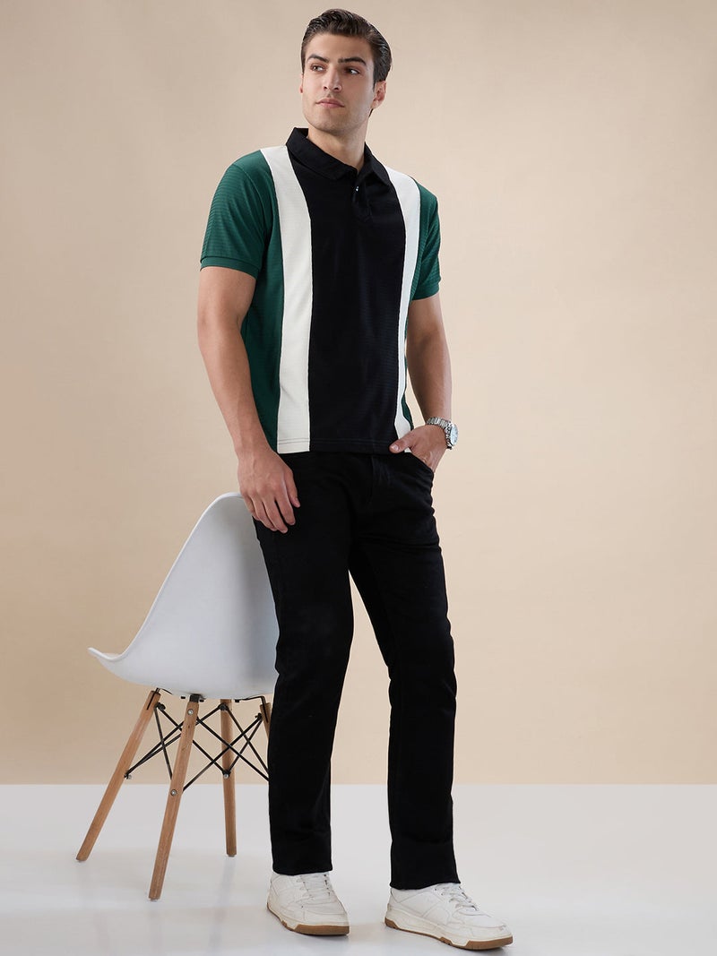 STATUS QUO Colorblock Textured  Regular Fit Black Polo T-shirt - Image 5