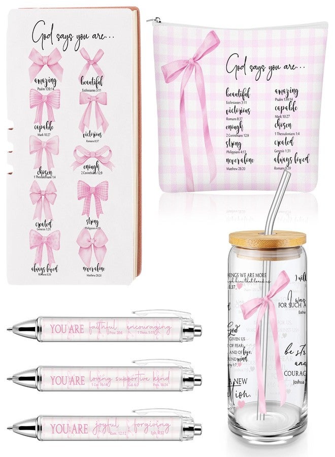 Skylety 6 Pcs Christmas Christian Gift Set for Women Includes Bible Journal Religious Pens Pink Bow Cosmetic Bag Glass Cup Pink Stuff Accessories Xmas Gifts for Women Mom Sunday School Teacher - Image 1