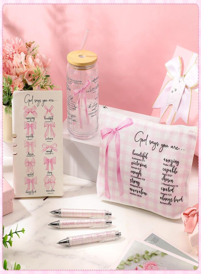 Skylety 6 Pcs Christmas Christian Gift Set for Women Includes Bible Journal Religious Pens Pink Bow Cosmetic Bag Glass Cup Pink Stuff Accessories Xmas Gifts for Women Mom Sunday School Teacher - Image 4