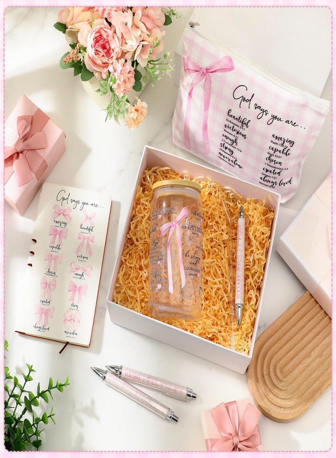 Skylety 6 Pcs Christmas Christian Gift Set for Women Includes Bible Journal Religious Pens Pink Bow Cosmetic Bag Glass Cup Pink Stuff Accessories Xmas Gifts for Women Mom Sunday School Teacher - Image 5