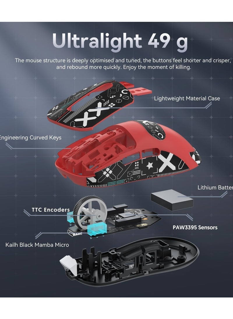 Attack Shark X3 Wireless Gaming Mouse, 49g Ultralight, PixArt PAW3395 26000 DPI, Bluetooth/2.4Ghz /Wired Tri-Mode, 200Hrs Rechargeable Battery, Kailh GM8.0 Switch for MAC/Win - Red&Tape  - Image 5