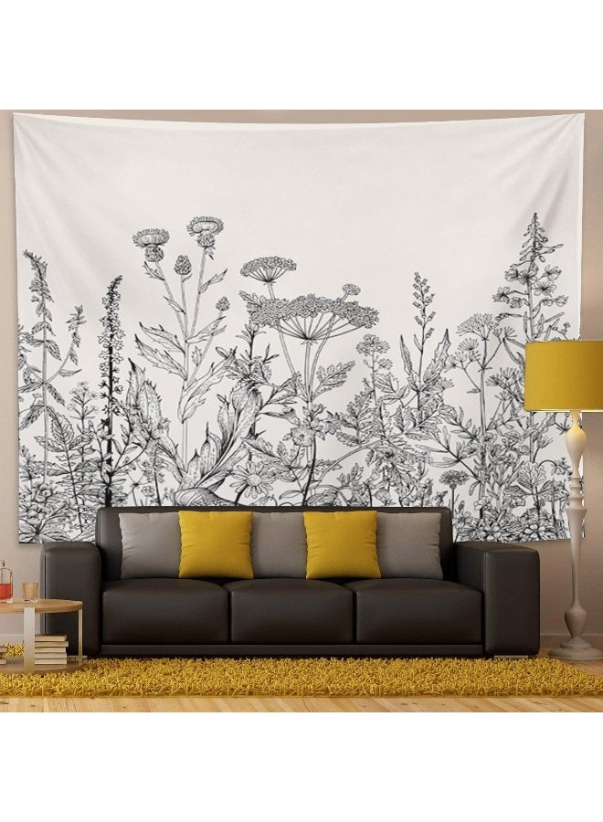 Emvency Tapestry Floral Border Herbs and Wild Flowers Botanical Engraving Style Black and White Home Decor Wall Hanging 60" x 80" Inches Print for Living Room Bedroom Dorm - Image 4