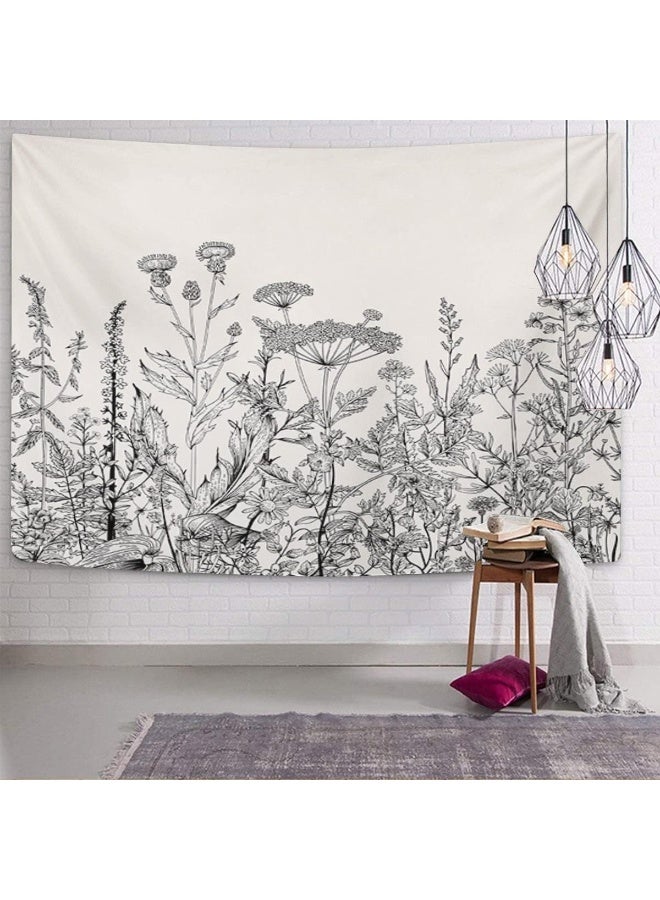 Emvency Tapestry Floral Border Herbs and Wild Flowers Botanical Engraving Style Black and White Home Decor Wall Hanging 60" x 80" Inches Print for Living Room Bedroom Dorm - Image 3