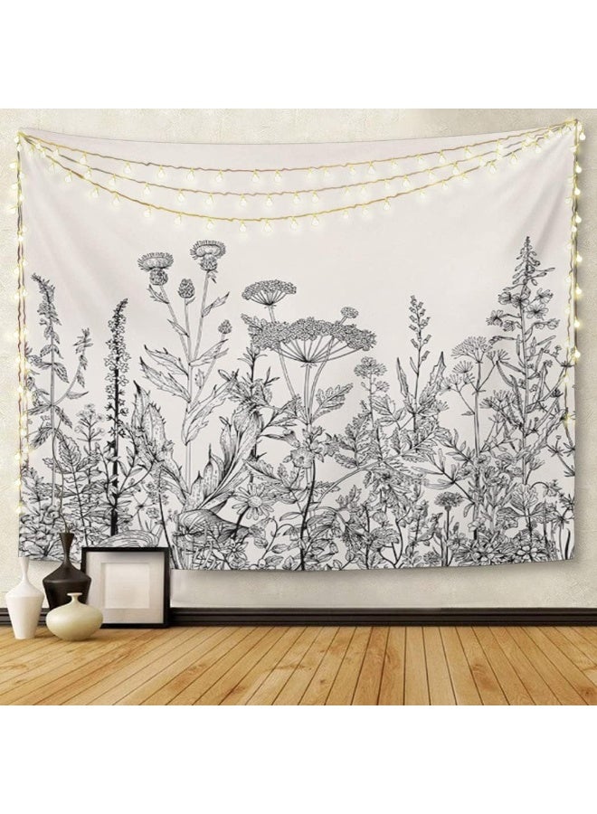 Emvency Tapestry Floral Border Herbs and Wild Flowers Botanical Engraving Style Black and White Home Decor Wall Hanging 60" x 80" Inches Print for Living Room Bedroom Dorm - Image 1