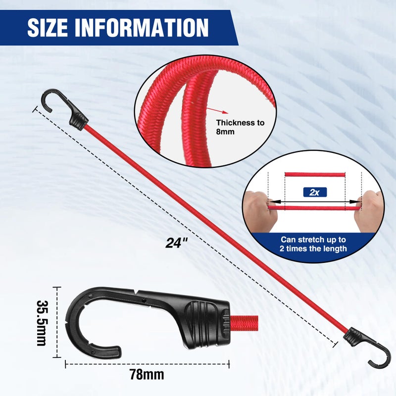 WORKPRO 24 Inch Bungee Cords with Hooks, 4 Pack Superior Rubber Heavy Duty Bungee Straps Strong Elastic Rope for Outdoor Tent, Luggage Rack, Camping, Cargo, RV, Bike, Transporting, Storage, Red - Image 3