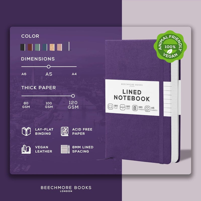 Beechmore Books Lined Journal Notebook, 5.8 x 8.3 inch, A5 160 Lined Pages, Hardcover Leather Journals for Women, Men, Writing and Notebooks for Work - 120 GSM Thick Paper, Gifts Box Included - Image 2