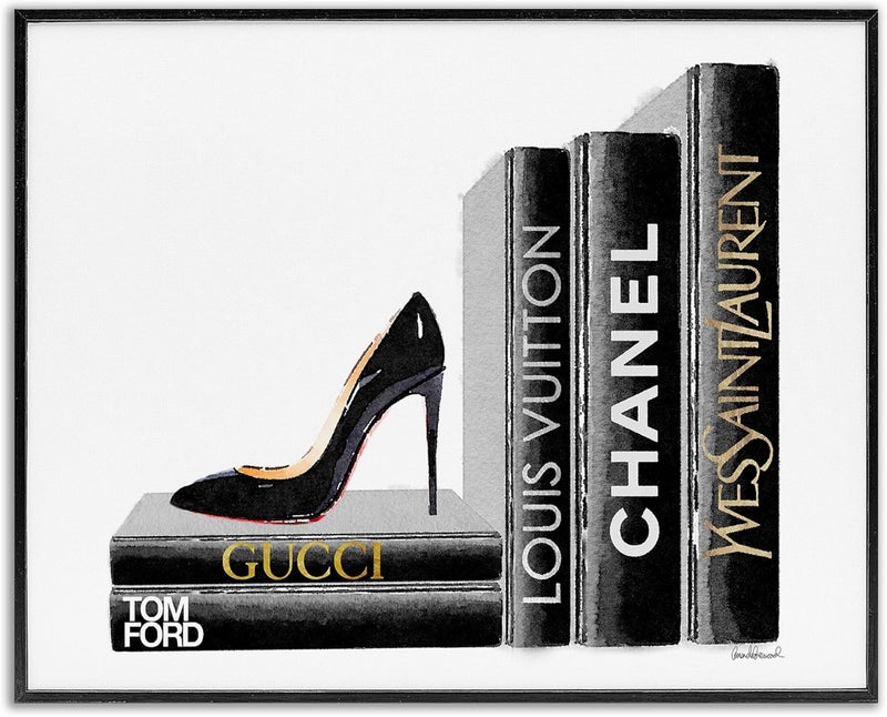 Stupell Industries High Fashion Book Shelf with Stilettos Heel Black Framed Wall Art, 16 x 20, Design By Artist Amanda Greenwood - Image 1