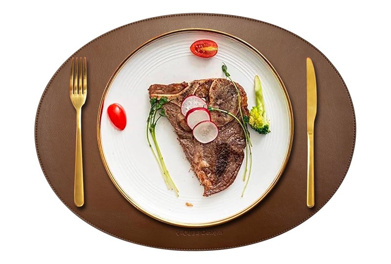 VCUBE Designs Premium Vegan Leather Placemats Set of 6 Waterproof Wipe Clean Heat Resistant Anti Slip Dining Table Place Mats Suitable for Kitchen Table Indoor Outdoor Use Tan