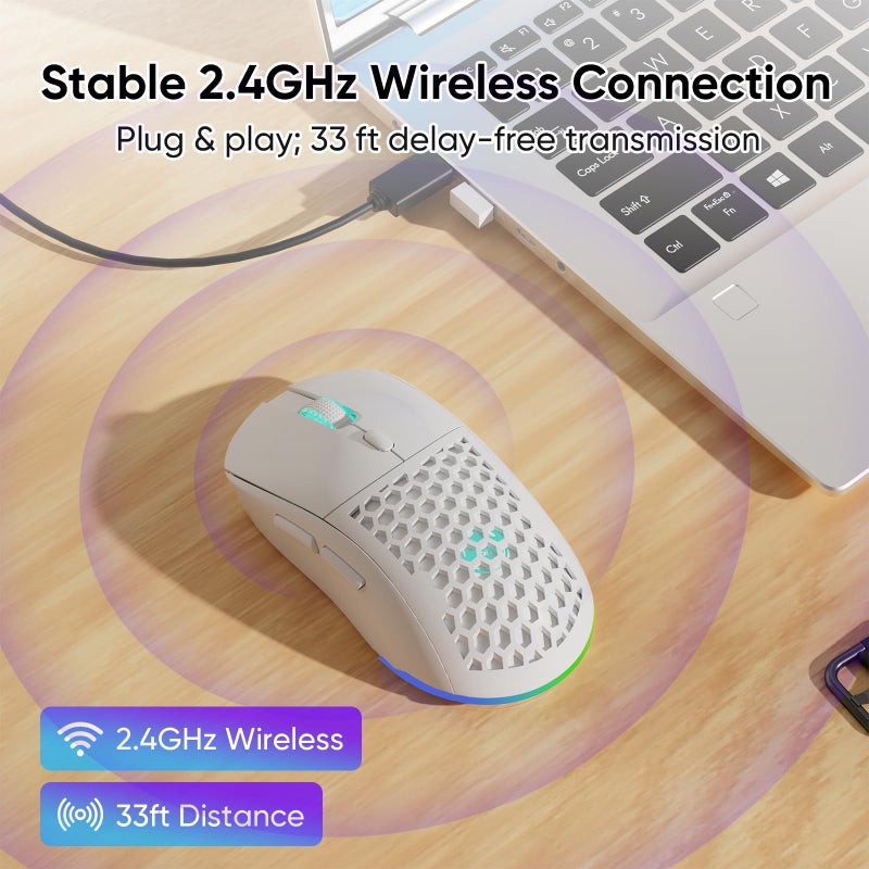 REBOCOON ماوس الألعاب اللاسلكي REBOCOON Honeycomb M32 - 2.4GHz RGB ماوس قابل لإعادة الشحن مع نقرات صامتة و 3200 DPI للكمبيوتر/ماك - أبيض - Image 2
