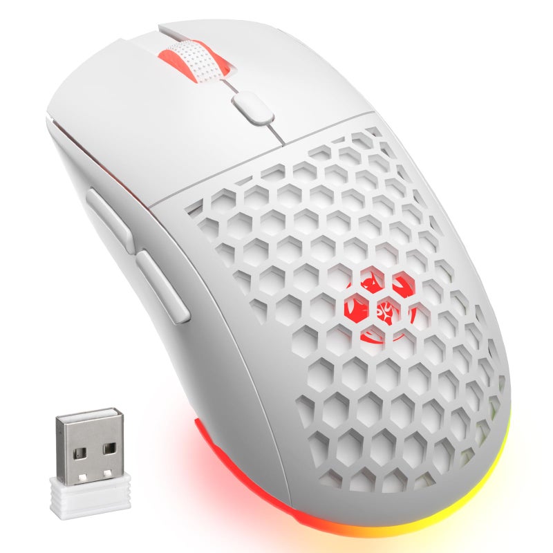 REBOCOON ماوس الألعاب اللاسلكي REBOCOON Honeycomb M32 - 2.4GHz RGB ماوس قابل لإعادة الشحن مع نقرات صامتة و 3200 DPI للكمبيوتر/ماك - أبيض - Image 1