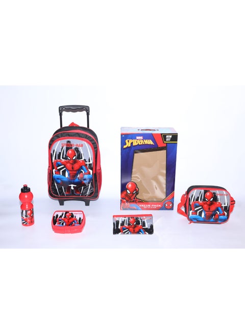Spider Man 5 in 1 Value Pack (16" Trolley Bag with Lunch Box, Lunch bag, Water Bottle and Pencil Case)