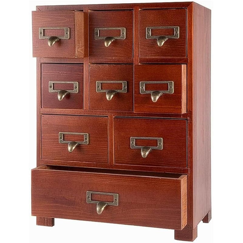 DELLMAO Vintage Solid Wood Small Chinese Medicine Retro Medicine Cabinet Organizer Apothecary Cabinet with Drawers & Card Catalog Herbal Jewelry Box - Image 1