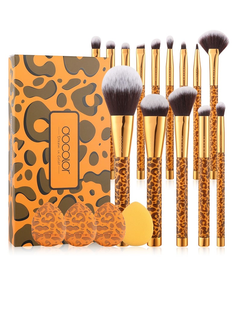 docolor Makeup Brushes 14Pcs Leopard Makeup Brush Set with 4pcs Makeup Puffs Premium Synthetic Powder Foundation Contour Blush Concealer Eye Shadow Blending Make Up Brush Kit  - Image 1