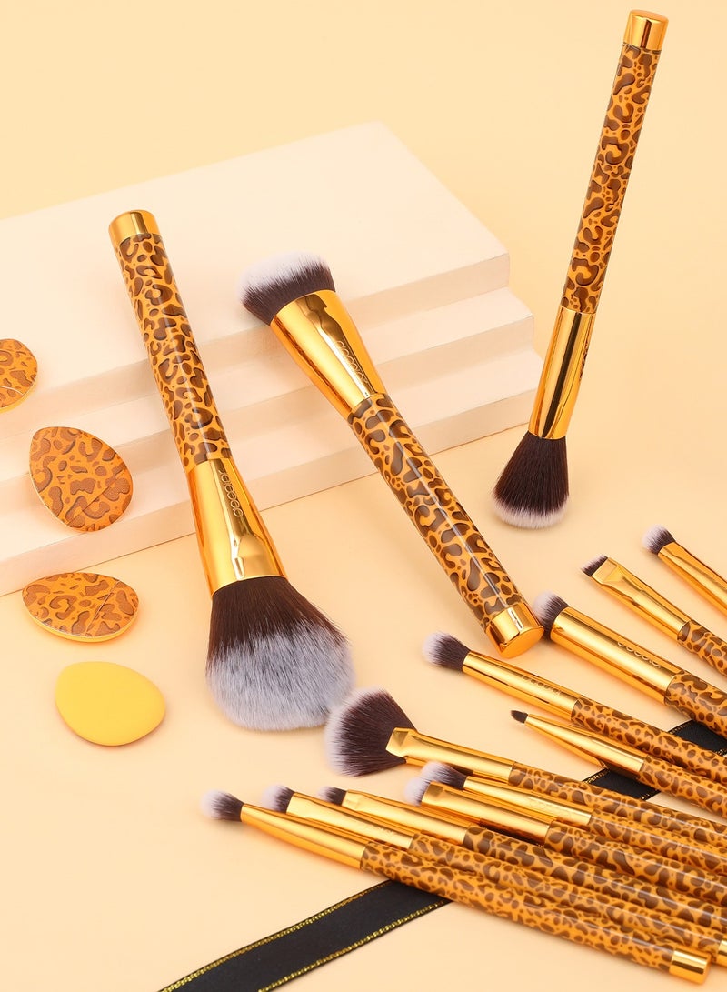 docolor Makeup Brushes 14Pcs Leopard Makeup Brush Set with 4pcs Makeup Puffs Premium Synthetic Powder Foundation Contour Blush Concealer Eye Shadow Blending Make Up Brush Kit  - Image 2