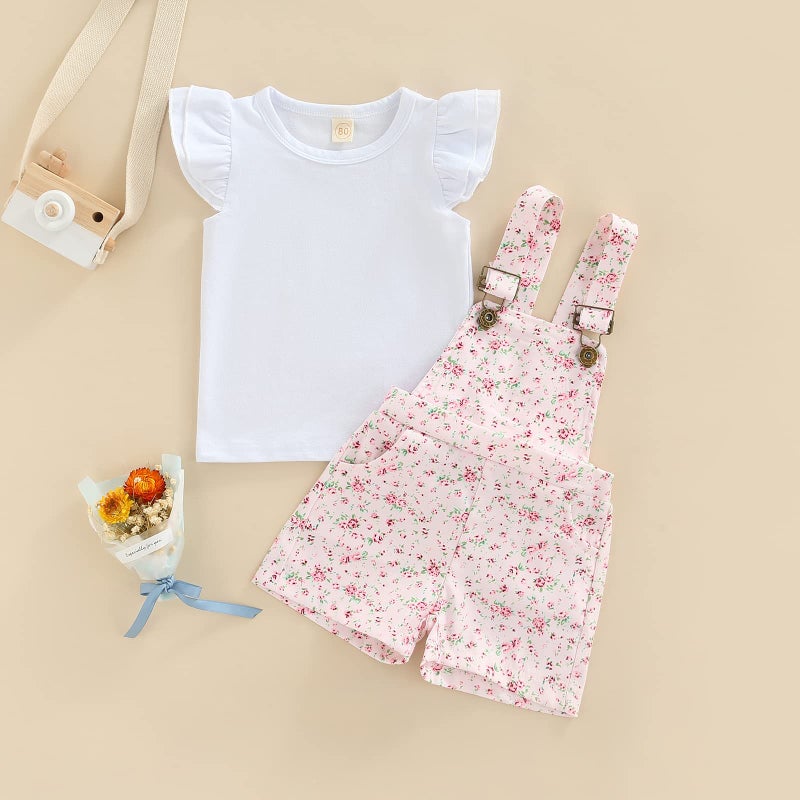 Gureui Baby Girl Summer Clothes Flower T-Shirt Tops Suspender Overalls Shorts Toddler Infant Outfit Floral 18-24 Months - Image 2