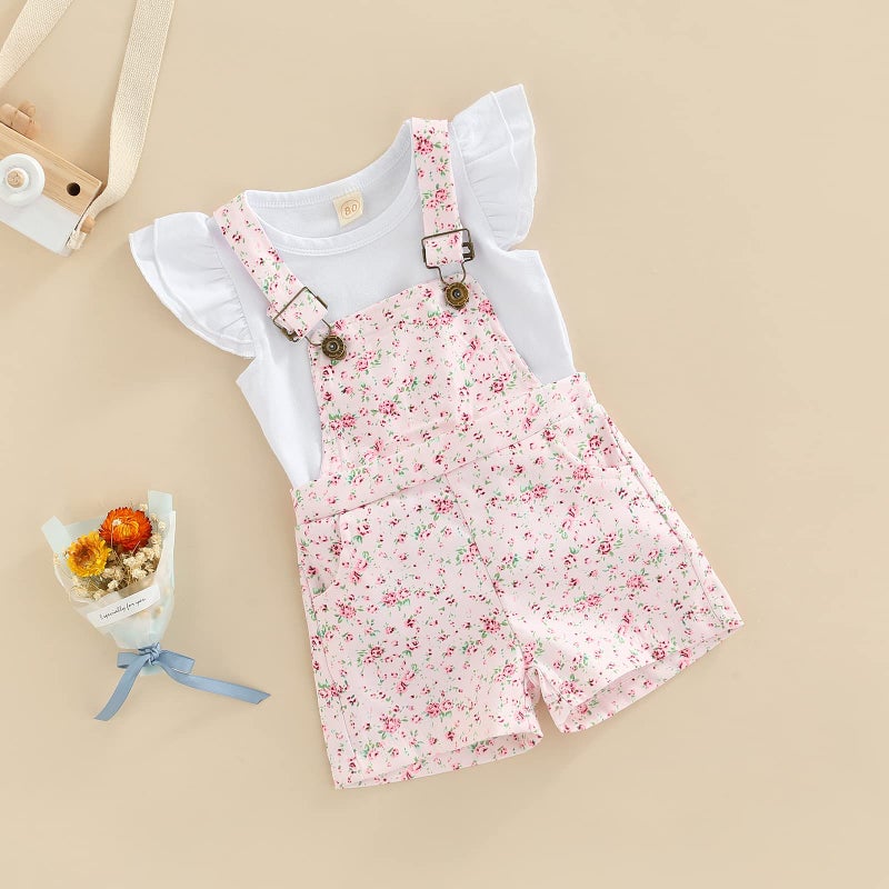 Gureui Baby Girl Summer Clothes Flower T-Shirt Tops Suspender Overalls Shorts Toddler Infant Outfit Floral 18-24 Months - Image 3