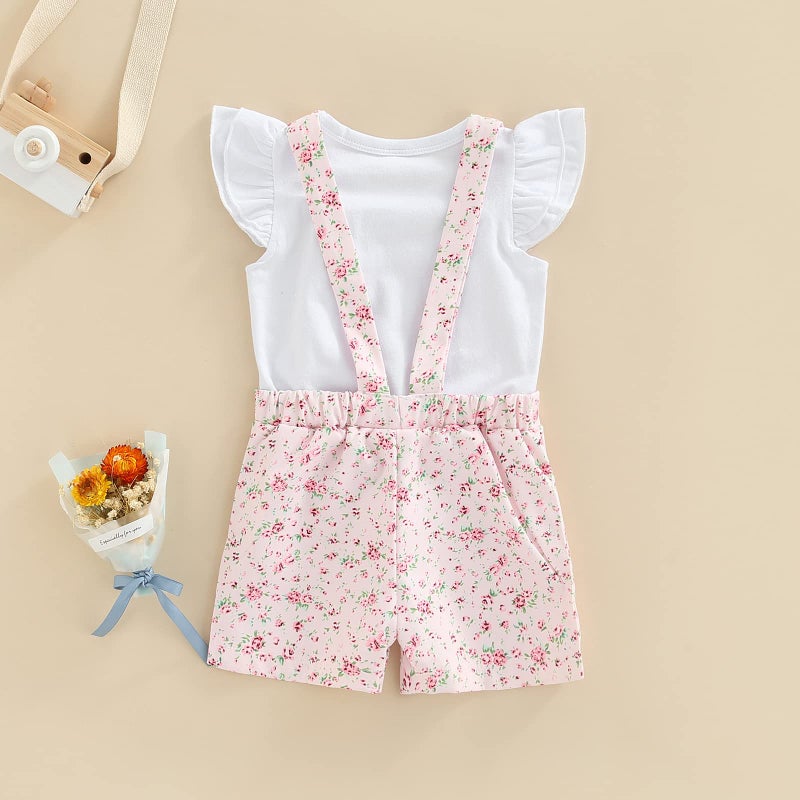 Gureui Baby Girl Summer Clothes Flower T-Shirt Tops Suspender Overalls Shorts Toddler Infant Outfit Floral 18-24 Months - Image 4