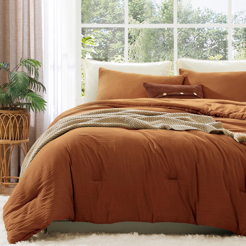 WRENSONGE Queen Comforter Set  3 Pieces Prewashed Burnt Orange Comforter Soft Lightweight for All Seasons Fluffy Down Alternative Comforter Queen Size with 2 Pillow Shams