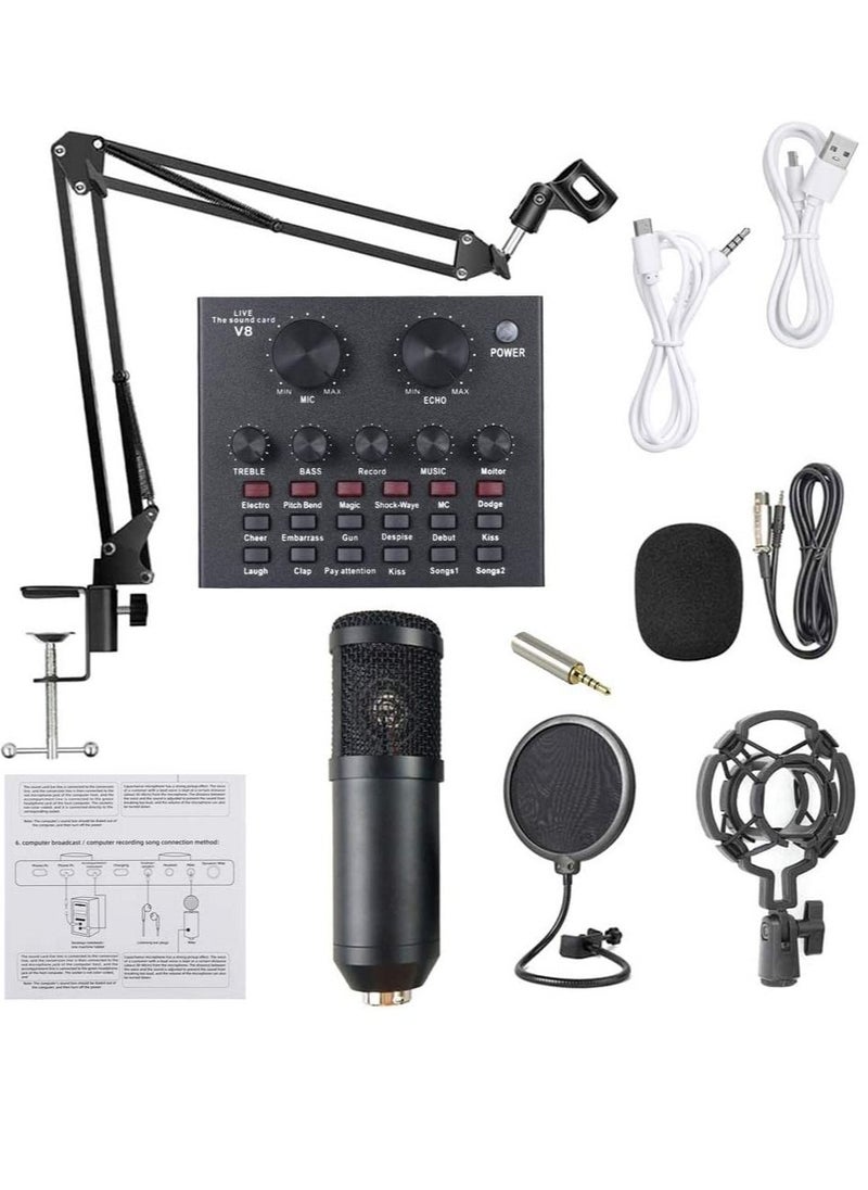 Generic Microphone,Live Sound Card & BM800 Suspension Microphone Kit Broadcasting Recording Condenser Microphone Set Intelligent Volume Audio Mixer Sound Card for Computer PC Live Sound  - Image 1