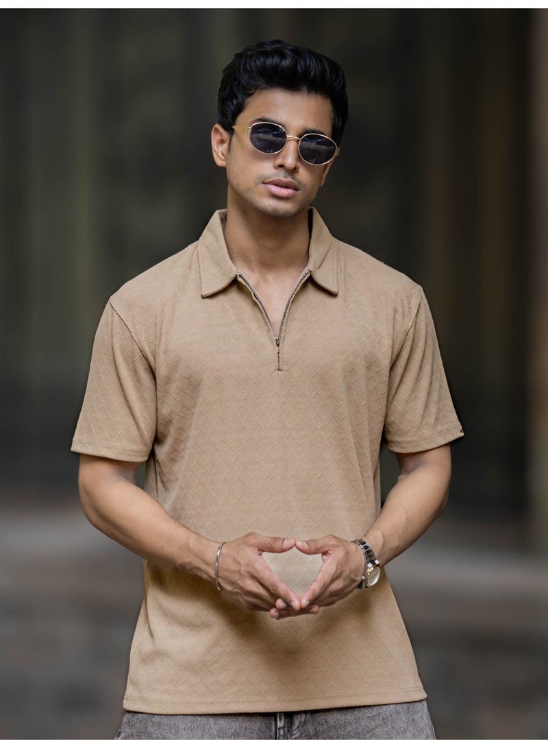 Maniac Maniac Mens Half Zipper Textured Frank Polo Neck Half Sleeve Biscuit Cotton Polo T-Shirt - Image 2