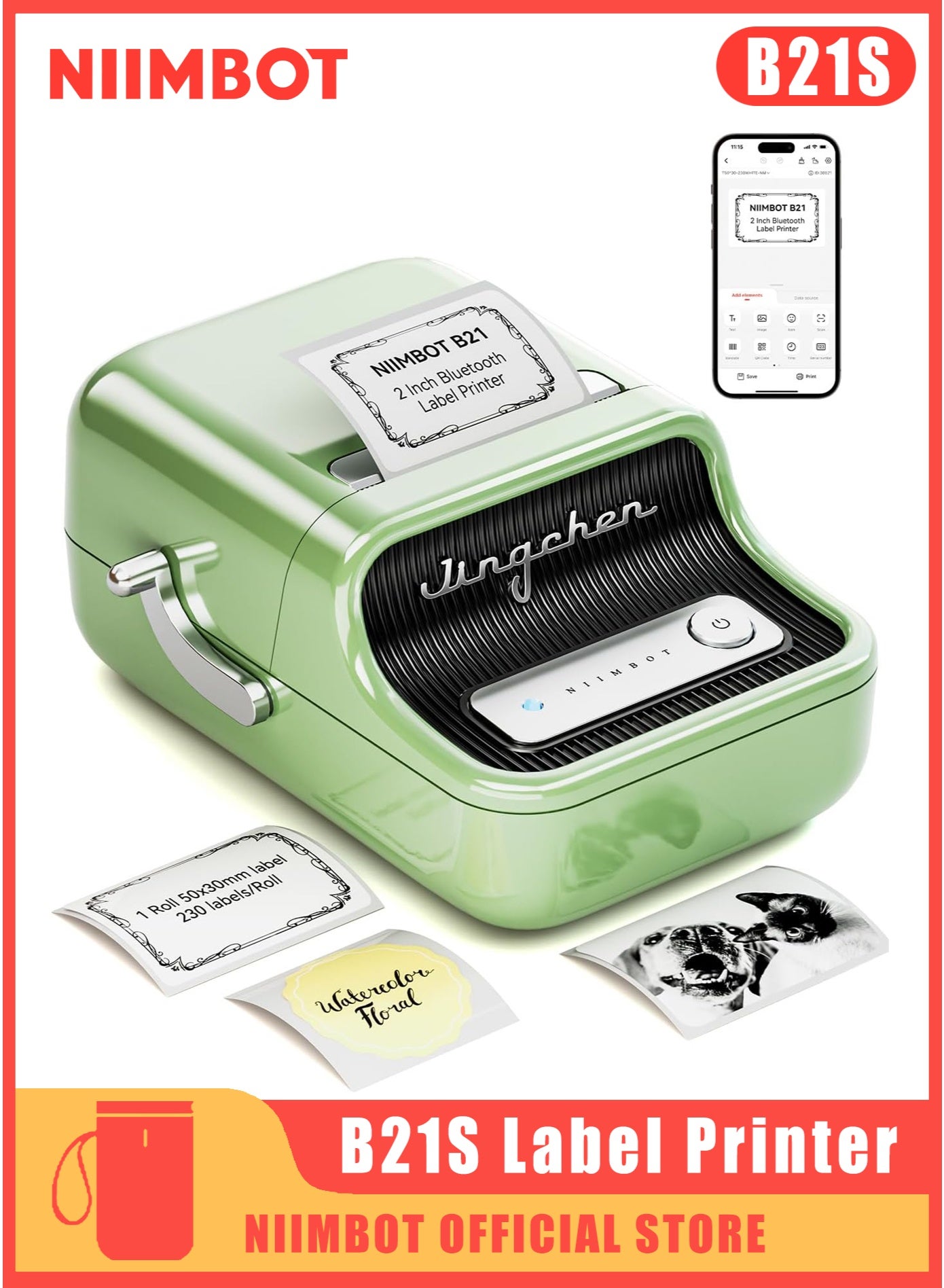 B21 Bluetooth Label Maker Inkless Label Printer with 1 Roll 50*30mm White Label Sticker, Portable Thermal Label Maker with 20-50mm Print Width, Great for Clothing, Address, Business, Supermarket, Retail Store Printing Barcods, Green