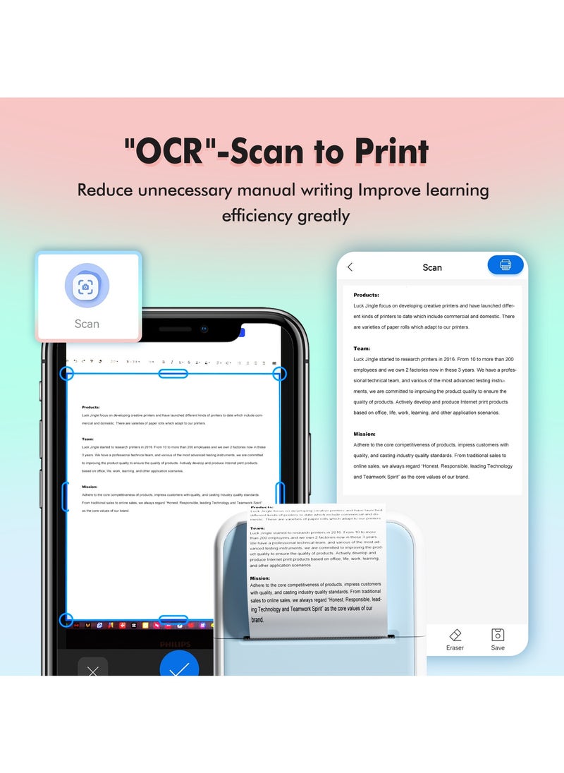 Generic - Smart Mistake-Correction Thermal Printer – Mini Bluetooth Label & Pocket Photo Printer, Ink-Free, HD Printing, OCR Text Recognition, Note & Homework Organizer, Compatible with iOS & Android, White - Image 1