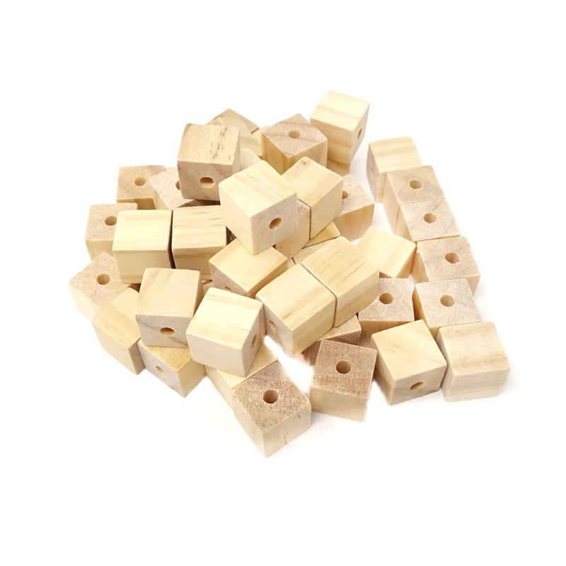 Honbay 50PCS Unfinished Wooden Square Beads Wood Cubes Blocks with Holes for Home Farmhouse Garland Decoration or Jewelry Making