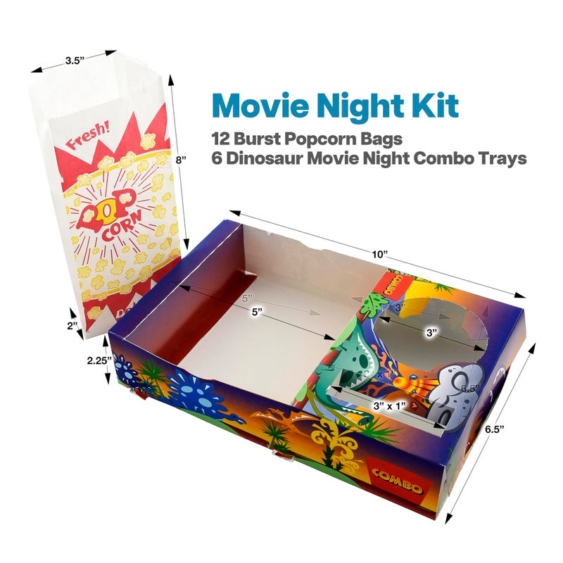 SNAPPY Movie Night Kit, 18 Pcs â€” Dinosaur Kids Snack Trays (6 ct) & Burst Design Popcorn Bags (12 ct), Disposable Movie Snack Boxes for Family Movie Night & Home Theater Parties - Image 2