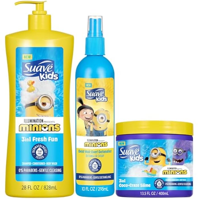 Suave Kids Minions Hair Products Bundle – 3-in-1 Coco-Craze Slime & Fun Fresh Shampoo, Conditioner & Body Wash + Detangler Spray, 28 Oz Ea (3 Piece Set) - Image 1