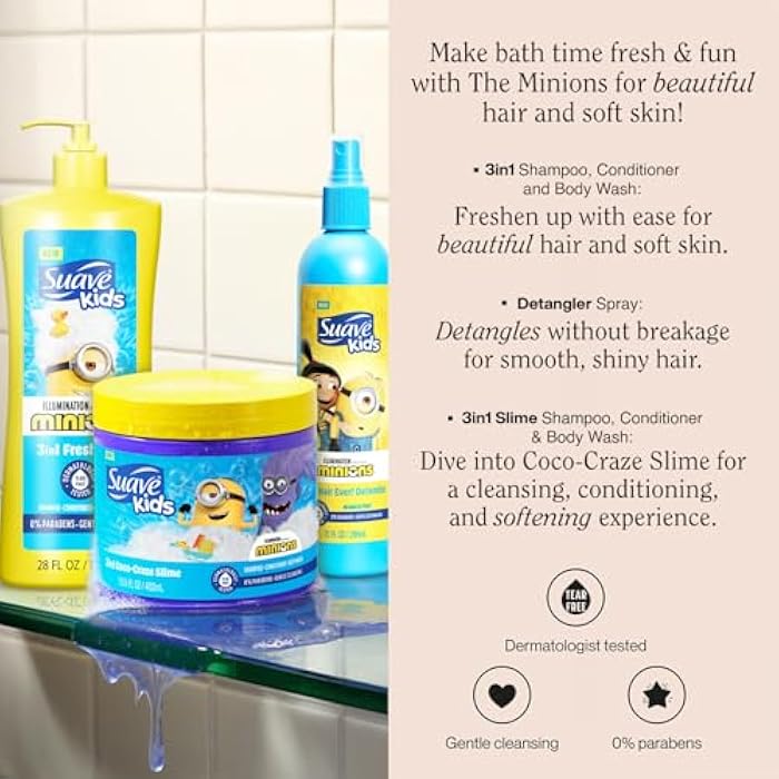 Suave Kids Minions Hair Products Bundle – 3-in-1 Coco-Craze Slime & Fun Fresh Shampoo, Conditioner & Body Wash + Detangler Spray, 28 Oz Ea (3 Piece Set) - Image 2