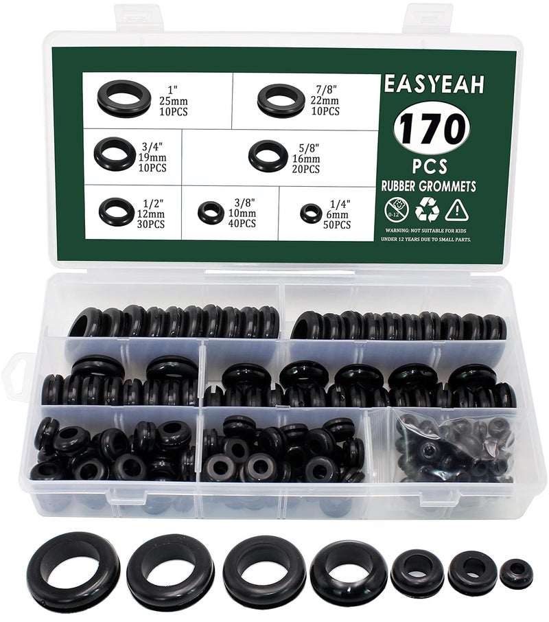 EASYEAH Store 170 Pcs Rubber Grommet Assortment Kit for Wiring Assorted 7 Sizes 1/4 3/8 1/2 5/8 3/4 7/8 1 Inch Round Hole, O Ring Eyelet Cable Hole Plug Set, Firewall Automotive Electrical Wire Gasket - Image 1