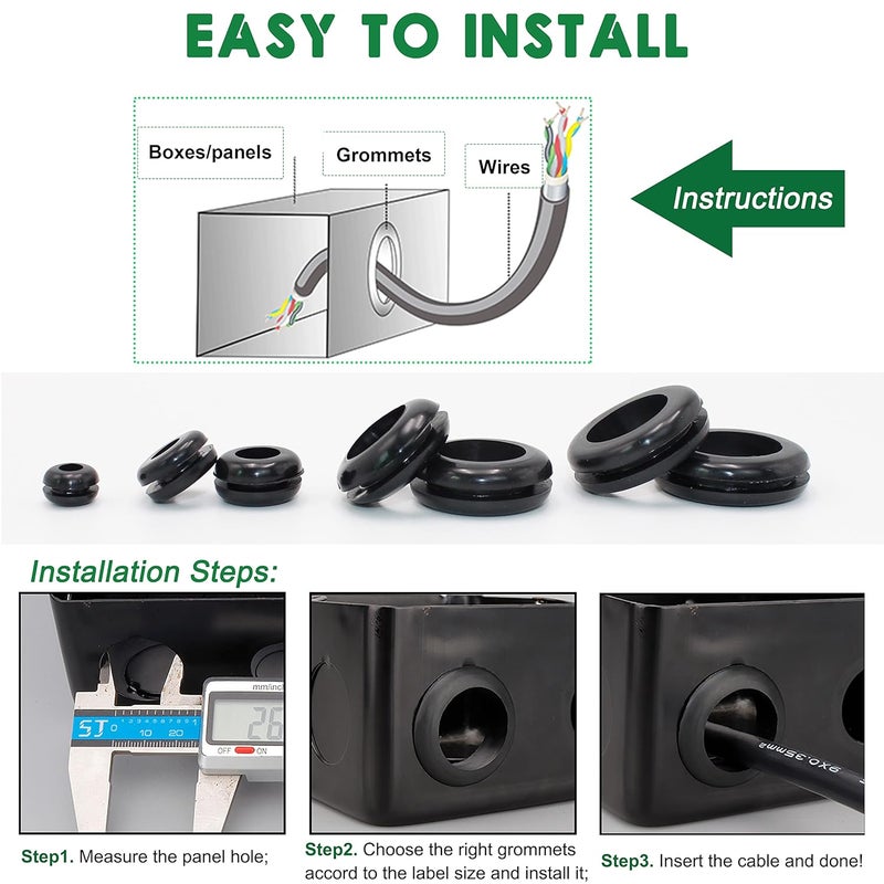EASYEAH Store 170 Pcs Rubber Grommet Assortment Kit for Wiring Assorted 7 Sizes 1/4 3/8 1/2 5/8 3/4 7/8 1 Inch Round Hole, O Ring Eyelet Cable Hole Plug Set, Firewall Automotive Electrical Wire Gasket - Image 5