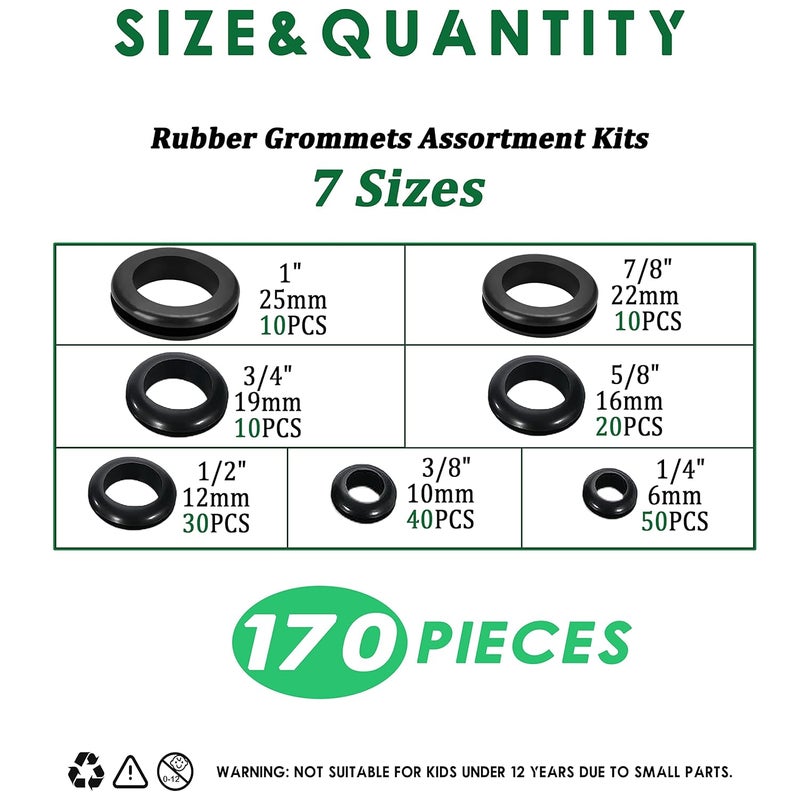 EASYEAH Store 170 Pcs Rubber Grommet Assortment Kit for Wiring Assorted 7 Sizes 1/4 3/8 1/2 5/8 3/4 7/8 1 Inch Round Hole, O Ring Eyelet Cable Hole Plug Set, Firewall Automotive Electrical Wire Gasket - Image 2