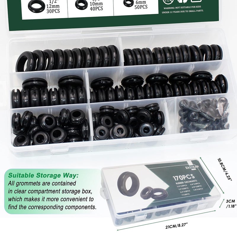 EASYEAH Store 170 Pcs Rubber Grommet Assortment Kit for Wiring Assorted 7 Sizes 1/4 3/8 1/2 5/8 3/4 7/8 1 Inch Round Hole, O Ring Eyelet Cable Hole Plug Set, Firewall Automotive Electrical Wire Gasket - Image 4