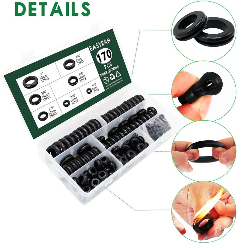 EASYEAH Store 170 Pcs Rubber Grommet Assortment Kit for Wiring Assorted 7 Sizes 1/4 3/8 1/2 5/8 3/4 7/8 1 Inch Round Hole, O Ring Eyelet Cable Hole Plug Set, Firewall Automotive Electrical Wire Gasket - Image 3