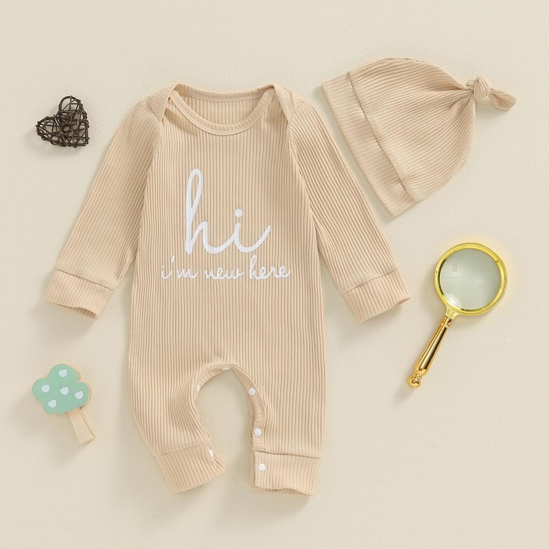 MERSARIPHY Newborn Baby Boy Girl Clothes Hi I'm New Here Coming Home From Hospital Outfits Gender Neutral One Piece Romper (Beige, 0-3 Months) - Image 3