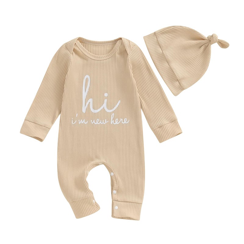 MERSARIPHY Newborn Baby Boy Girl Clothes Hi I'm New Here Coming Home From Hospital Outfits Gender Neutral One Piece Romper (Beige, 0-3 Months) - Image 1