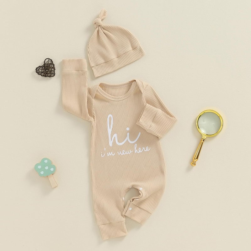 MERSARIPHY Newborn Baby Boy Girl Clothes Hi I'm New Here Coming Home From Hospital Outfits Gender Neutral One Piece Romper (Beige, 0-3 Months) - Image 2