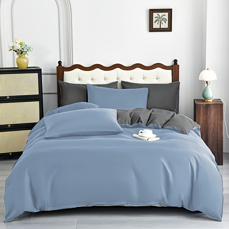 5pcs Dual-Style Solid Color Duvet Cover and Pillowcase Set, Brushed Fabric Skin-Friendly All-Season Breathable Comfortable Minimalist Duvet Cover and Pillowcase Set, Includes One Duvet Cover and Four Pillowcases - Image 1