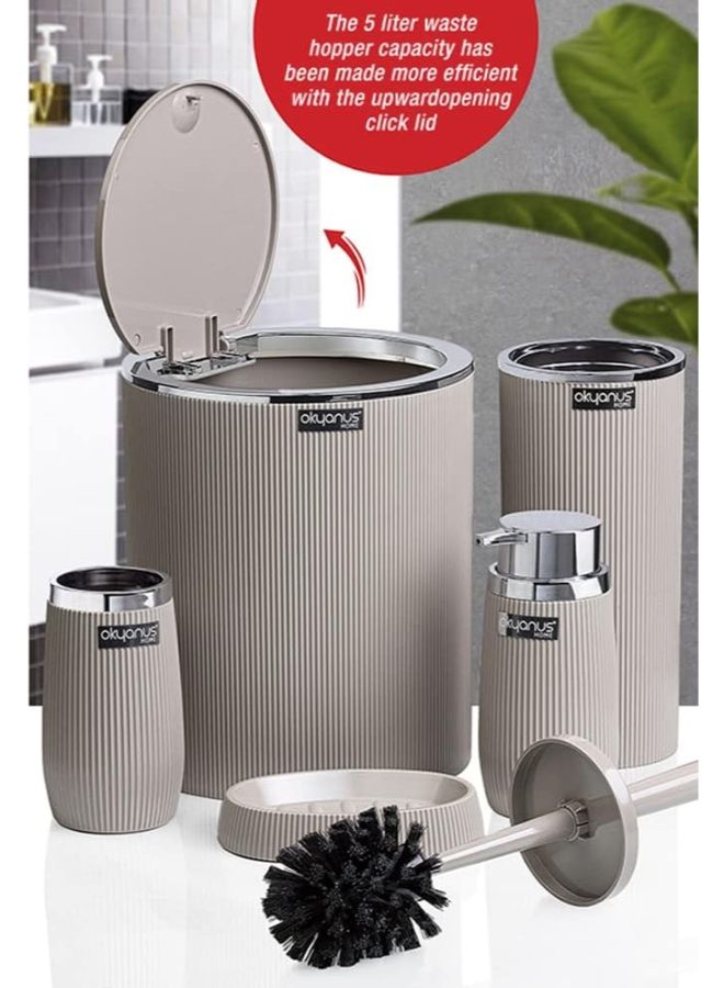 اوكانيوس  طقم إكسسوارات حمام مكون من 5 قطع، بلمسات من الكروم، تصميم عصري مضلع، سلة مهملات، فرشاة مرحاض، موزع صابون وحاملات، ديكور حمام أنيق باللون البيج. - Image 4