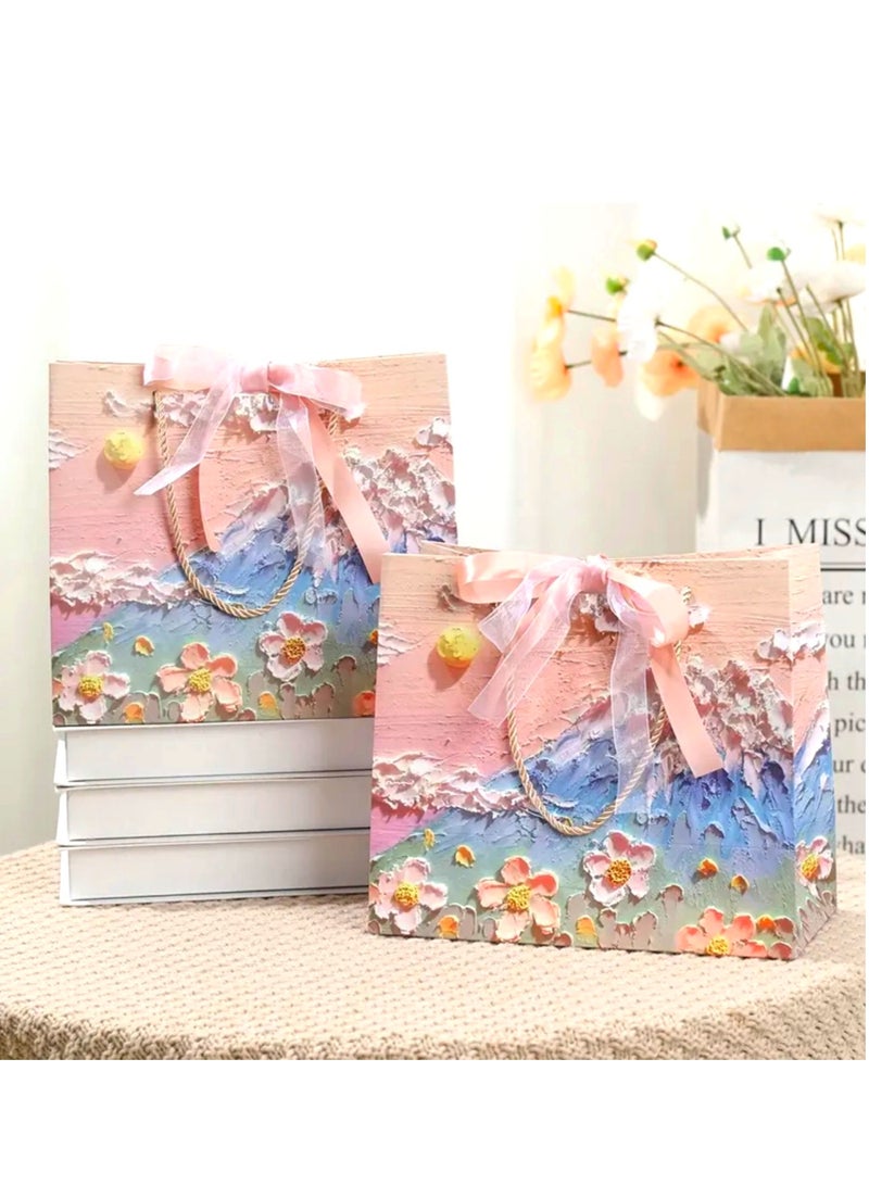 6pcs Luxury Gift Bags 3D Flowers Design Oil Painting Paperboard Paper Bags with Ribbons - Image 2