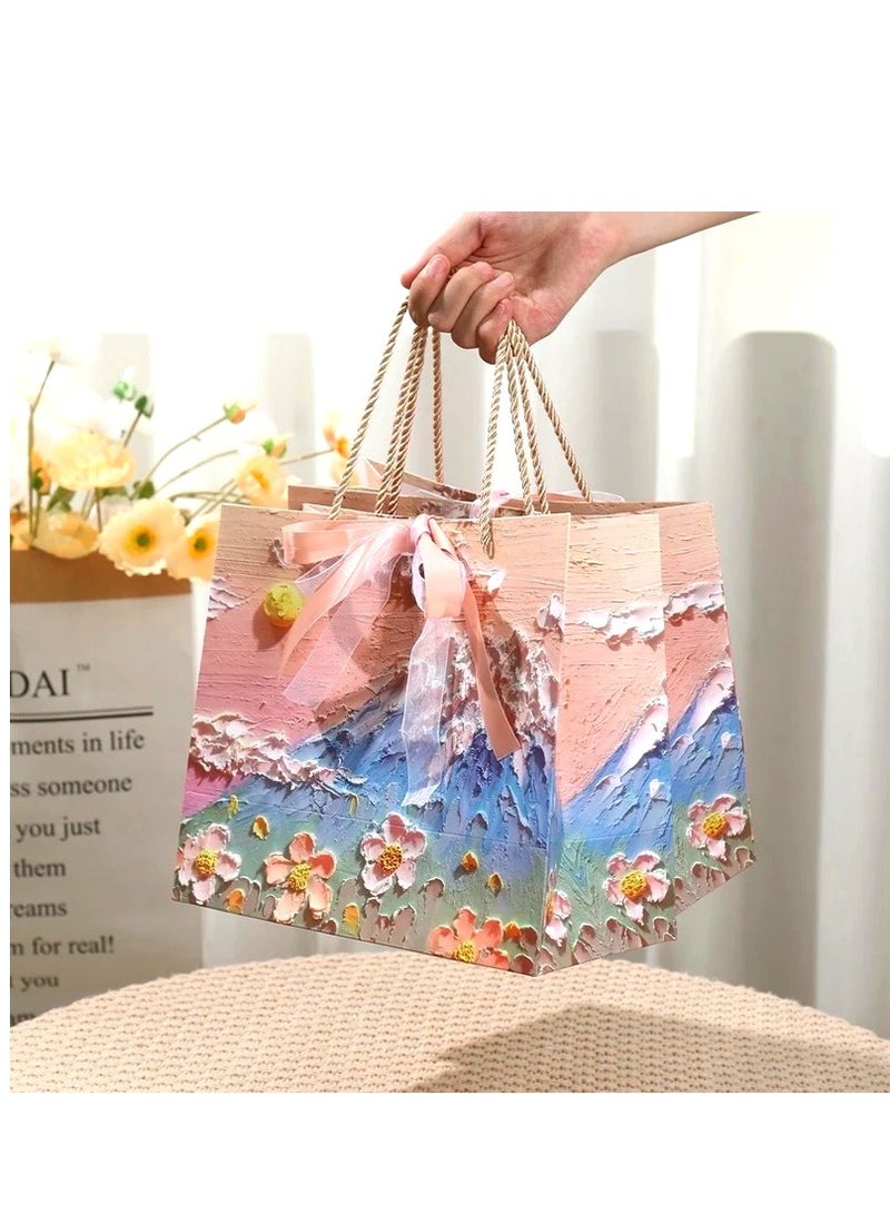 6pcs Luxury Gift Bags 3D Flowers Design Oil Painting Paperboard Paper Bags with Ribbons - Image 3