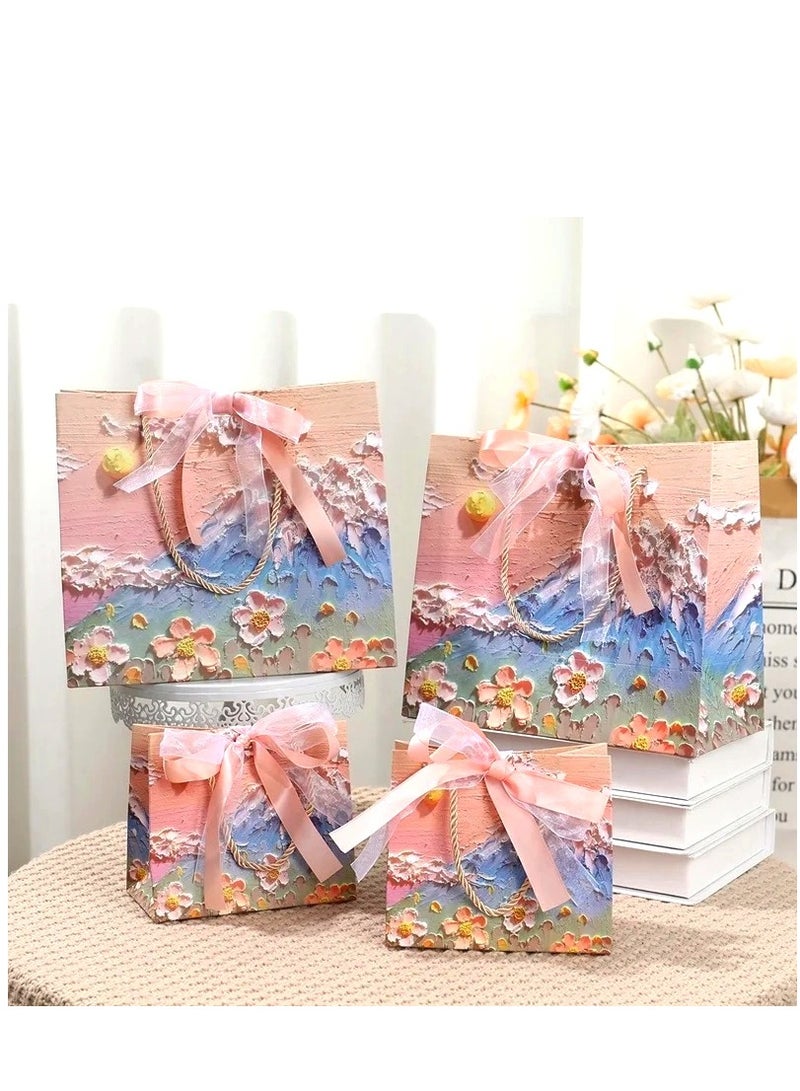 6pcs Luxury Gift Bags 3D Flowers Design Oil Painting Paperboard Paper Bags with Ribbons - Image 4