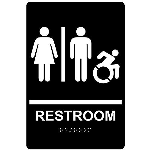 ComplianceSigns.com Dynamic Accessibility Unisex Restroom Sign with Braille and Raised Letters, 9x6 inch Black Acrylic with Adhesive Mounting Strips - Image 1