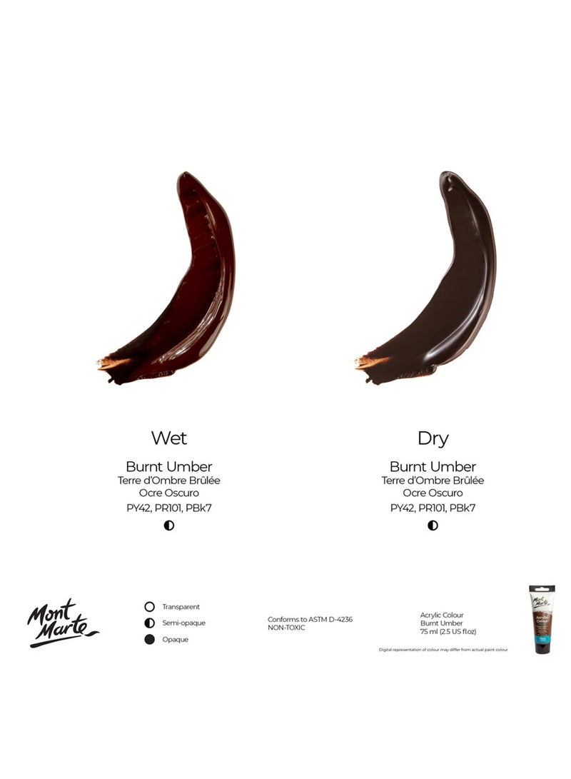 Mont Marte Signature Acrylic Colour Paint Tube 75ml Content Burnt Umber  - Image 3